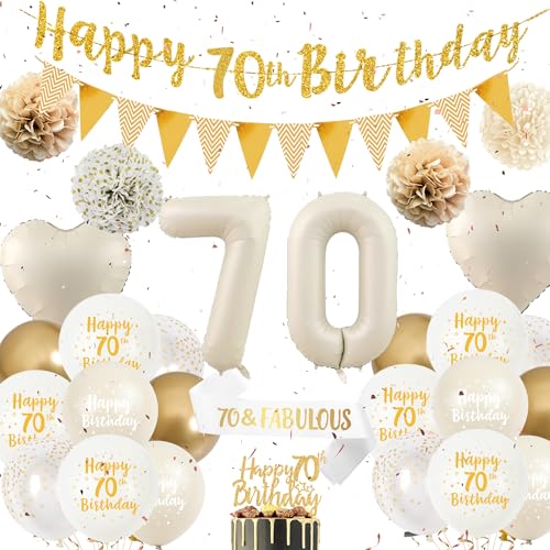 70 Geburtstag Dekorationen für Frauen - Sand Weiß Gold Geburtstag Party Dekoration Set 70 & Fabulous Schärpe Happy 70th Birthday Banner Luftballons Kuchen Topper Papier Pom Poms für 70 Jahre Alt Party von Wylario