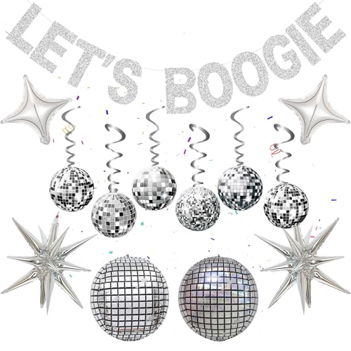 70er Jahre Disco Party Banner Dekorationen - 23 Stück Silber Lets Boogie Decor Hängende Wirbel, Explosion Stern Laser Disco Ballons für 60er 80er 90er Retro Party Decke Supplies von Wylario