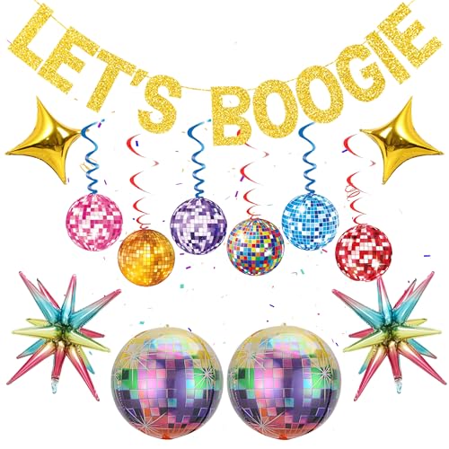 70er Jahre Disco Party Banner Dekorationen – 23 Stück bunte Lets Boogie Decor hängende Wirbel, Explosion Star Laser Regenbogen Disco Ballons für 60er 80er 90er Retro Party Decke von Wylario