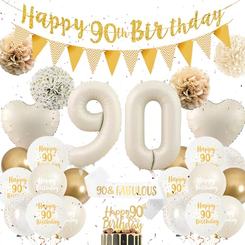 90 Geburtstag Dekorationen für Frauen - Sand Weiß Gold Geburtstag Party Dekoration Set 90 & Fabulous Schärpe Happy 90th Birthday Banner Luftballons Kuchen Topper Papier Pom Poms für 90 Jahre Alt Party von Wylario