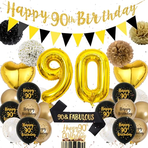 90 Geburtstag Dekorationen für Männer - Schwarz Gold Geburtstag Party Dekoration Set 90 & Fabulous Schärpe Happy 90th Birthday Banner Luftballons Kuchen Topper Papier Pom Poms für 90 Jahre Alt Party von Wylario