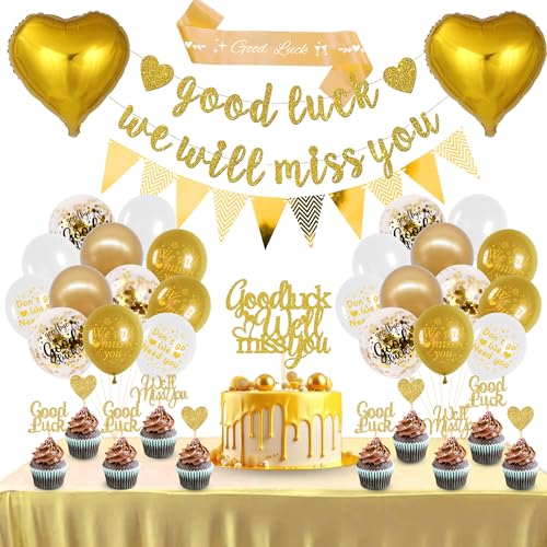 Banner mit Aufschrift "We Will Miss You", goldfarben, Glücksbringer, Wimpelkette, Herz-Folienballon, Cupcake-Topper-Set für Ruhestand, Büro, Kollegen, Abschiedsparty, Entschuldigung für Ihre von Wylario