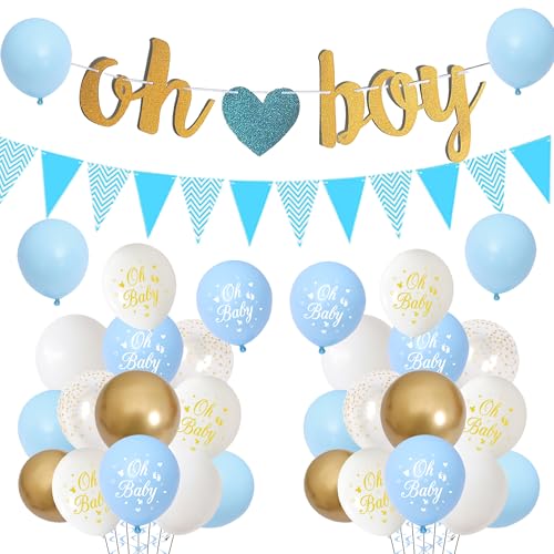 Blaue Babyparty-Dekorationen Junge – 48 Stück Gold Weiß Konfetti Luftballons Dreieck für Geschlecht Offenbarung Glitzer Oh Boy Banner für Brautdusche Geburtstag Party Supplies von Wylario