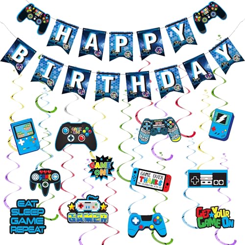 Blaue Videospiel-Party-Dekorationen – Happy Birthday Banner Wimpelkette Girlande Dekor für Jungen Kinder, Videospiel-Thema, hängende Wirbel, Partyzubehör für Kinder und Erwachsene von Wylario