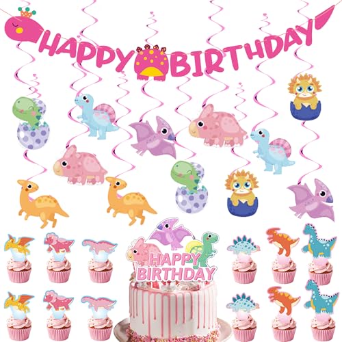 Dinosaurier Geburtstag Party Dekorationen Kit - Rosa Happy Birthday Banner Kuchen Topper für Mädchen, Cartoon Dinosaurier Hängende Wirbel Cupcake Toppers für Dino Thema Party Supplies von Wylario