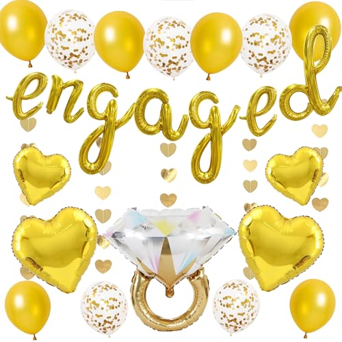 Engagement Party Dekorationen Banner Set - Gold Brief Engaged Folienballon Herz Girlande für Männer Frauen, Diamantring Konfetti Ballons für Hochzeit Antrag Party Supplies von Wylario