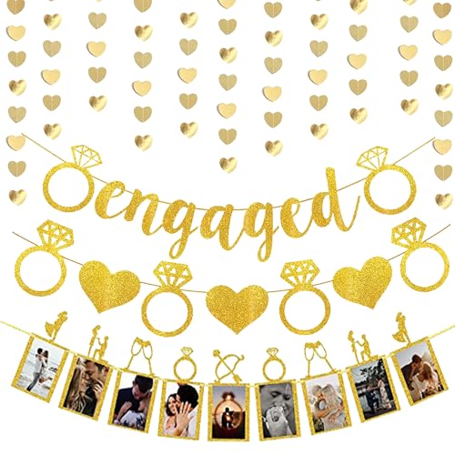 Engagement Party Dekorationen Banner Set - Gold Glitzer Engaged Banner Herz Wimpelkette Girlande Personalisierte Verlobung Foto Banner für Verlobung Hochzeiten Jahrestag Valentinstag Party Supplies von Wylario