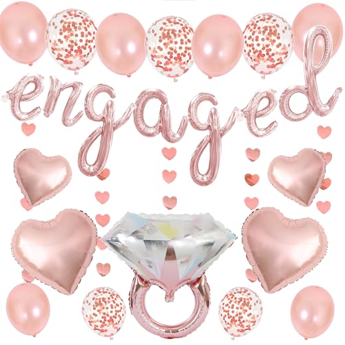 Engagement Party Dekorationen Banner Set - Rose Gold Brief Engaged Folienballon Herz Girlande für Männer Frauen, Diamant Ring Konfetti Ballons für Hochzeit Antrag Party Supplies von Wylario