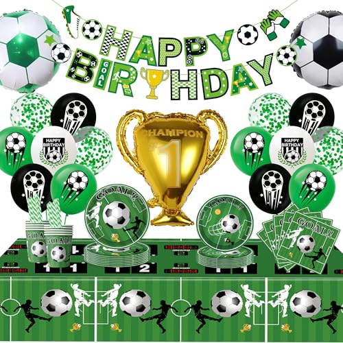 Fußball Geburtstag Dekorationen Party Geschirr - Fußball Happy Birthday Banner Tischdecke Luftballons, Pappbecher Servietten Papierstrohhalme für Jungen Kinder Sport Thema Party Dekor (10 Gäste) von Wylario