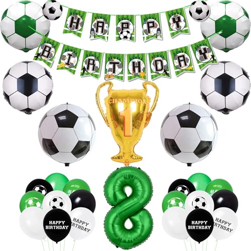 Fußball Luftballons 8 Geburtstag Dekorationen - 48 Stück Happy Birthday Banner, 4D Fußball Folienballon, Sport Thema Geburtstag Party Supplies für Jungen von Wylario