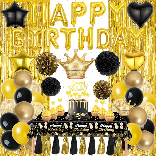 Geburtstag Deko für Frauen Männer - Schwarz und Gold Party Dekorationen Ballon Set Happy Birthday Banner Papier Pom Poms Hängende Wirbel Fransen Vorhang Tischdecke für Geburtstagsfeier Supplies von Wylario