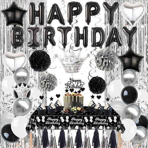 Geburtstag Deko für Frauen Männer - Schwarz und Silber Party Dekorationen Ballon Set Happy Birthday Banner Papier Pom Poms Hängende Wirbel Fransen Vorhang Tischdecke für Geburtstagsfeier Supplies von Wylario