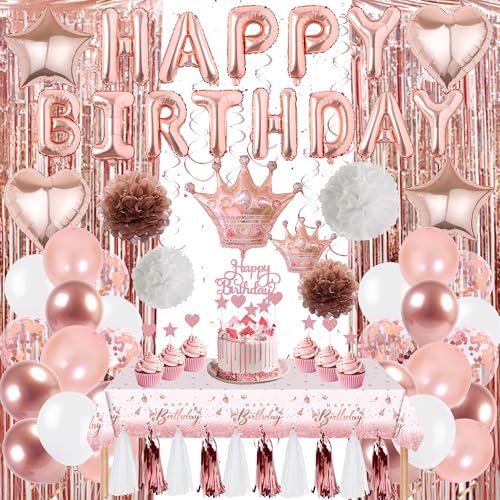 Geburtstag Dekoration für Frauen Mädchen - Rose Gold Party Dekorationen Ballon Set Happy Birthday Banner Papier Pom Poms Hängende Wirbel Fransen Vorhang Tischdecke für Geburtstag Party Supplies von Wylario