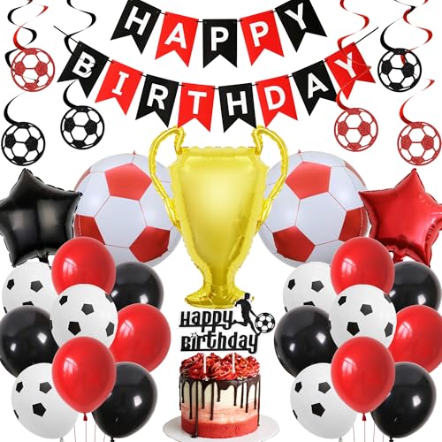 Geburtstagsparty-Dekorationen mit Fußball-Thema – Rot und Weiß Happy Birthday Banner Kuchenaufsatz für Mädchen und Jungen, 4D-Fußball-Trophäen-Ballons für Sport-Motto-Party-Zubehör von Wylario