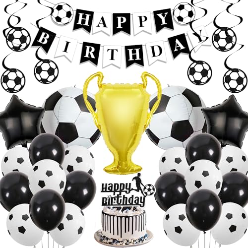 Geburtstagsparty-Dekorationen mit Fußball-Thema – Schwarz und Weiß Happy Birthday Banner Kuchenaufsatz für Mädchen und Jungen, 4D-Fußball-Trophäen-Ballons für Sport-Motto-Party-Zubehör von Wylario