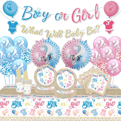 Gender Reveal Dekoration Partygeschirr - Boy or Girl What Will Baby Be Banner, Blau und Rosa enthüllt Luftballons Tischdecke Pappbecher Servietten Papierstrohhalme für Babyparty Supplies (16 Gäste) von Wylario