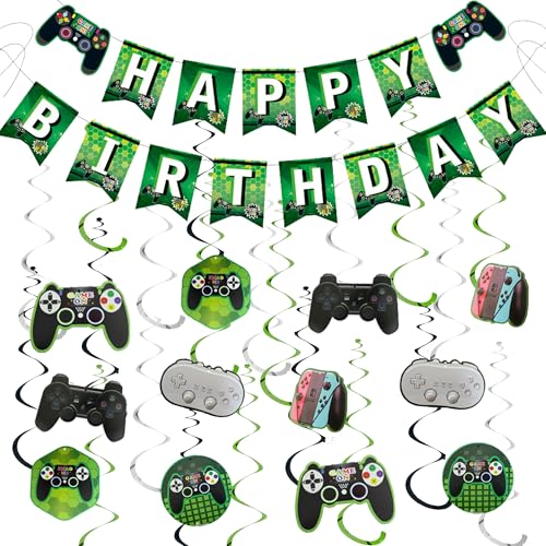 Grüne Videospiel-Party-Dekorationen – Happy Birthday Banner Wimpelkette Girlande Dekor für Jungen Kinder, Videospiel-Thema, hängende Wirbel, Partyzubehör für Kinder und Erwachsene von Wylario