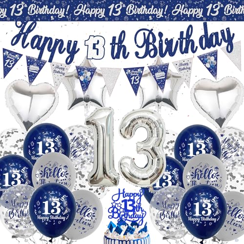 Happy 13th Birthday Dekoration Banner - Blau Silber Offizielle Teenager Geburtstag Banner Wimpelkette Dekorationen für Jungen Mädchen, Zahl 13 Folienballons Kuchen Topper für 13 Jahre Alt Party von Wylario