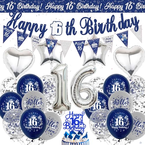 Happy 16th Birthday Dekoration Banner, Blau Silber Geburtstag Banner Wimpelkette Dekorationen für Jungen Mädchen, Zahl 16 Folienballons Cake Topper für 16 Jahre Alt Party Supplies von Wylario