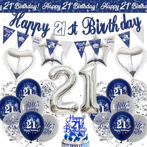 Happy 21st Birthday Dekoration Banner - Blau Silber Geburtstag Banner Wimpelkette Dekorationen für Männer Frauen, Zahl 21 Folienballons Kuchen Topper für 21 Jahre Alt Party Supplies von Wylario