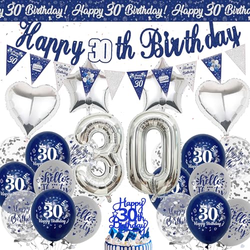 Happy 30th Birthday Dekoration Banner - Blau Silber Geburtstag Banner Wimpelkette Dekorationen für Männer Frauen, Zahl 30 Folienballons Kuchen Topper für 30 Jahre Alt Party Supplies von Wylario