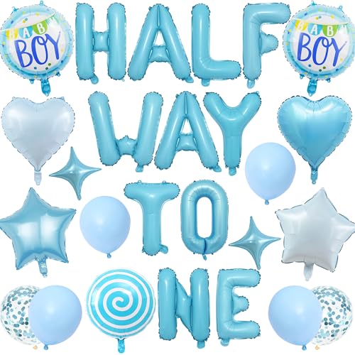 Happy 6 Monate Geburtstag Dekorationen, Blau Half Way To One Banner für Jungen, 1/2 Way To One Folienballons Konfetti Latex Ballon für Baby Sechs Monate Alt Party Supplies von Wylario