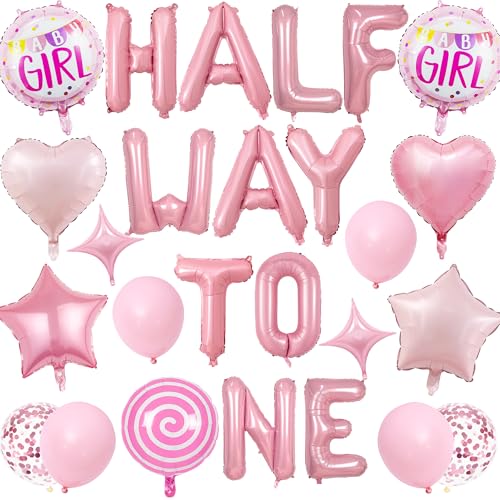 Happy 6 Monate Geburtstag Dekorationen, Rosa Half Way To One Banner für Mädchen, 1/2 Way To One Folienballons Konfetti Latex Ballon für Baby Sechs Monate Alt Party Supplies von Wylario