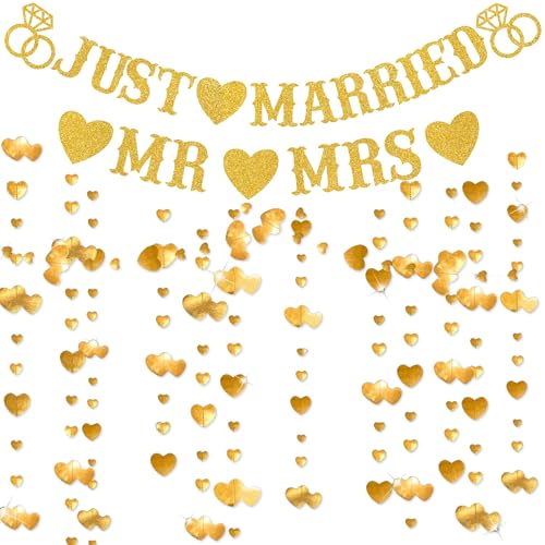 Just Married Banner Hochzeit Dekorationen - Gold Mr and Mrs Dekorationen Set Glitzer Herz Girlande Hängende Just Married Brief Wimpelkette Banner für Hochzeit Brautdusche Junggesellinnenabschied von Wylario