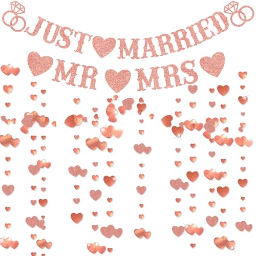 Just Married Banner Hochzeit Dekorationen - Rose Gold Mr and Mrs Dekorationen Set Glitzer Herz Girlande Hängende Just Married Brief Wimpelkette Banner für Hochzeit Brautdusche Junggesellinnenabschied von Wylario