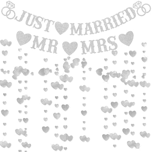 Just Married Banner Hochzeit Dekorationen - Silber Mr and Mrs Dekorationen Set Glitzer Herz Girlande Hängende Just Married Brief Wimpelkette Banner für Hochzeit Brautdusche Junggesellinnenabschied von Wylario