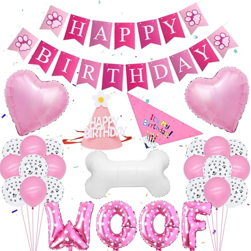 Pink Dog Birthday Party Supplies - Cute Dog Happy Birthday Banner Decorations With Hat and Bandana Woof Letter Paw Print Balloons for Pet Boys Girls Party Decor von Wylario