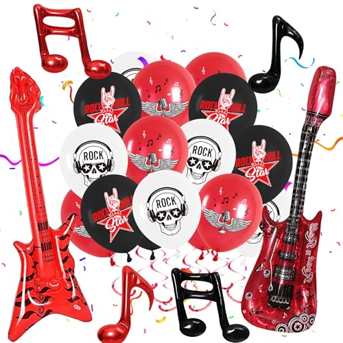 Rock and Roll Party Dekorationen - 42 Stück Rot Schwarz Weiß Musik Thema Latex Ballons Musiknote Luftballons Gitarre Folienballons Born To Rock Decor 60er 70er 80er Rock Party Supplies von Wylario