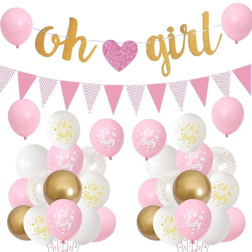 Rosa Babyparty-Dekorationen Mädchen – 48 Stück Gold Weiß Konfetti Luftballons Dreieck für Geschlecht Offenbarung, Glitzer Oh Girl Banner für Brautdusche Geburtstag Party Supplies von Wylario