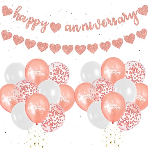 Rose Glod Happy Anniversary Decorations - Wedding Anniversary Balloons Banners Decoration Set With Confetti Balloon Rose Gold Banner Heart Pull Flag for Happy Wedding Anniversary Party Supplies von Wylario