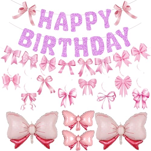 Schleife Geburtstag Party Dekoration Banner - Rosa Schleife Happy Birthday Banner Dekor Bogen Girlande für Kinder, hängende Wirbel Folienballons für Kokette Thema Geburtstag Party Supplies von Wylario