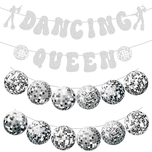 Silver Dancing Queen Party Dekorationen - Glitter Banner Discokugel zum Aufhängen für Junggesellinnenabschied, Disco Papier Girlande Wimpelkette für Brautdusche Party Supplies Set von Wylario