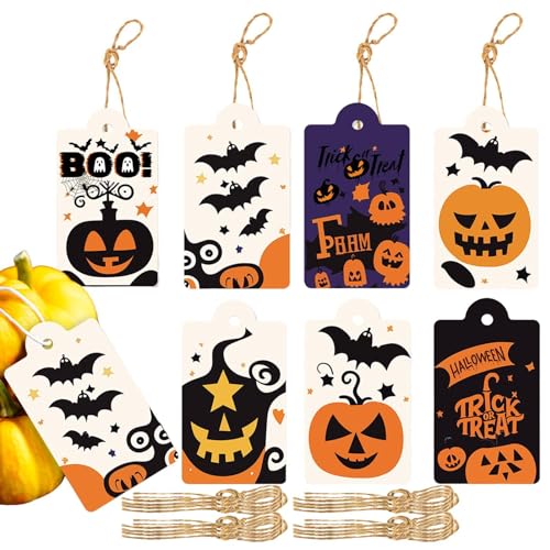 Wyttuubv Halloween-Tags,Halloween-Leckerei-Tags | 80 Stück gruselige Anhänger mit Schnur,-Fledermaus-Anhänger, 8 Stile, Halloween-Papieranhänger für Taschen, Keksdosen, Süßigkeitendosen, Weinflaschen von Wyttuubv