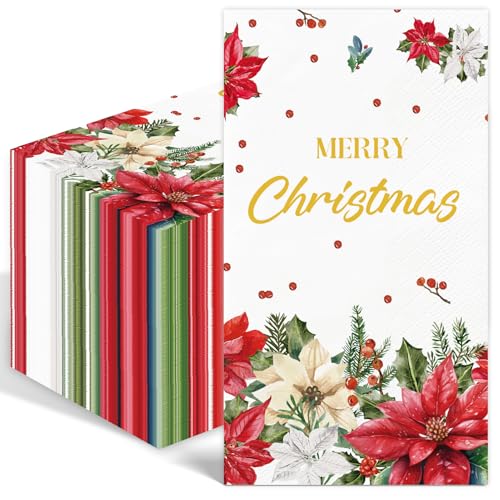 Wczcf 50 Stück Servietten Weihnachten, Servietten Merry Christmas, Winter Weihnachten, Winter Papier Servietten - Papierservietten mit Motiv,rote Blumen Einweg-Servietten Abendessen Servietten（Blumen） von Wzczf