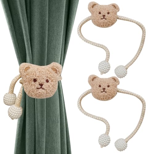 Wzhtuzi 2 Stück Gardinenclips Raffhalter Seil, Cartoon Bär Vorhanghalter, Bär Vorhang Raffhalter, Gardinen Haken Ringe Bär, Cartoon Tiere Gardinenclips für Kinderzimmer Dekoration (Beige) von Wzhtuzi