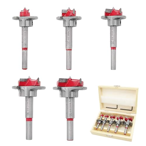 Wzhtuzi 5 pcs Forstnerbohrer, Forstner Bit, Ø15~35mm Holzbohrer mit Tiefenanschlag, im Holzkasten, Forstner Bit für eine Vielzahl von Bohrlöchern in allen Holz, Kunststoff und Metallmaterialien von Wzhtuzi