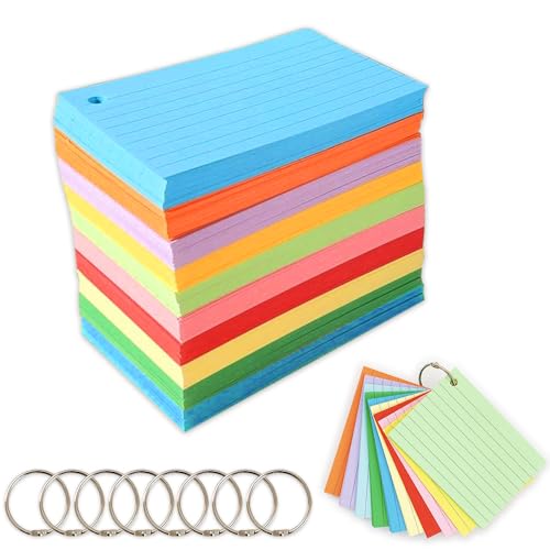 Wzhtuzi Karteikarten, 500 Stück Lernkarten Moderationskarten Set, Flashcards, 10 Farben Präsentationskarten, Bunt Karteikarten vokabeln mit 8 Metall Binderinge, Index cards für Schulsachen Büro von Wzhtuzi