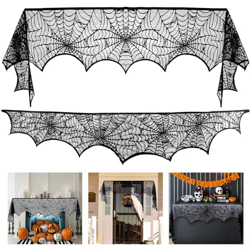 Wzone 45 x 248 cm Halloween Spinnennetz Deko, Kamin Deko Schwarz Spitze Spinnennetz, Grusel Deko für Tür Karneval Halloween Party Grusel Deko von Wzone