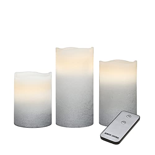 LED Kerzen 3er-Set mit Fernbedienung, LED Echtwachskerzen, inkl. Batterie, warmweiße, täuschend echt flackernde Kerzenflamme, Kerzen 10cm 13cm 15cm hoch, Durchmesser 8 cm, dekorativ, Silber-Weiß von X4-LIFE