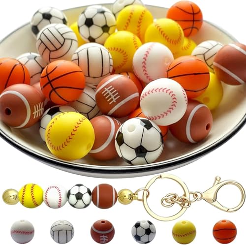 49 Stück/Set Silikon-Sportperlen, Schlüsselanhänger, 15 mm, lebensmittelechte Silikonperlen, Fußball, Basketball, Armband von XAGMODSHN