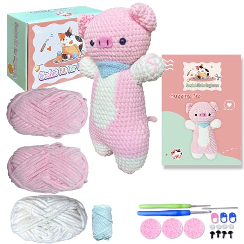 XANSO Tier-Häkelset für Anfänger, Erwachsene und Kinder, Stricken mit Easy Peasy Garn, niedliches rosa Schwein von XANSO