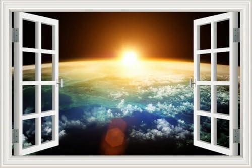 XAONUO Vinyl Pvc 3D Gefälschte Fenster Aufkleber Sonnenuntergang Planet Sternenhimmel 200X150 Fototapete Selbstklebend Foto Tapete Tapetenfolie Wandtapete Wohnzimmer Schlafzimmer 3D Effekt von XAONUO