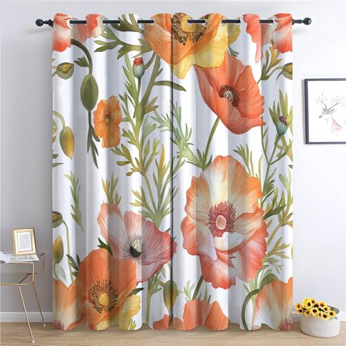 XCQHZYQ Vorhänge 3D Orangefarbener Mohn Bohemian Ösen Gardinen Blickdichte Thermo Vorhang Verdunklungsvorhang Kinderzimmer Schlafzimmer Verdunkelung Ösenvorhang, 2 Stück H 245 x B 140 cm von XCQHZYQ