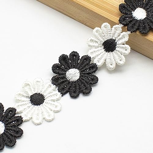 XCSJ 5 Yard 25mm Blumen Spitzenband Spitzenborte Stickerei Dekoband Zierband Borten Bänder Blumenband Gänseblümchen Dekoband Spitzen Spitzenborte Für Hochzeit Deko Handwerk Nähen Deko (Schwarz 2) von XCSJ