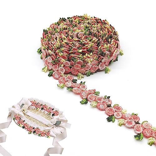 XCSJ 5 Yard Florale Spitzenborte Blumen Spitzenband Rosenstickerei Spitzenborte Stickerei Dekoband Zierband Borten Bänder Blumenband Borten Und Bänder Zum Nähen,Für Verzierungen,Kleidung(Hell-Pink) von XCSJ