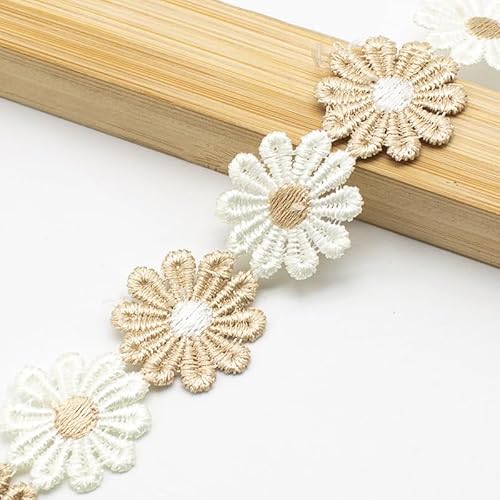 XCSJ 5 Yard 25mm Blumen Spitzenband Spitzenborte Stickerei Dekoband Zierband Borten Bänder Blumenband Gänseblümchen Dekoband Spitzen Spitzenborte Für Hochzeit Deko Handwerk Nähen Deko (Apricot) von XCSJ